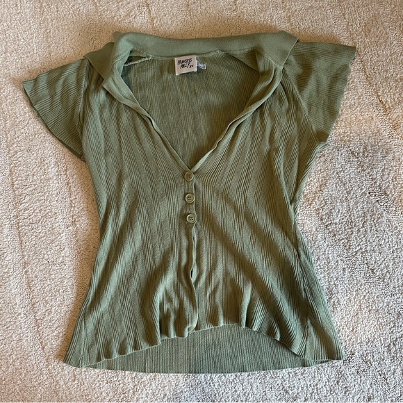 Princess Polly Green Ribbed Button-Front Top - Picture 1 of 5